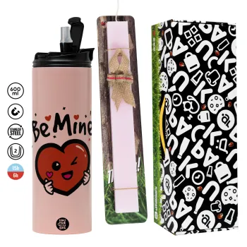 Be mine!, Πασχαλινή Λαμπάδα με  ΡΟΖ Travel Tumbler θερμό (600ml, BPA free) & κερί αρωματικό πλακέ (30cm) (ΡΟΖ)