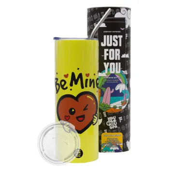 Be mine!, Neon Yellow Travel Tumbler θερμό, μεταλλικό καλαμάκι(Ανωξείδωτο 304 Food grade, BPA free, 600ml)