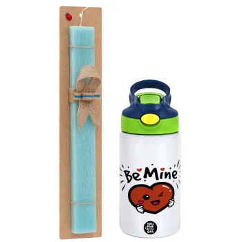 Be mine!, Πασχαλινή Λαμπάδα με Παιδικό παγούρι θερμό, ανοξείδωτο, με καλαμάκι ασφαλείας, πράσινο/μπλε (350ml) & κερί αρωματικό πλακέ (30cm) (ΤΙΡΚΟΥΑΖ)