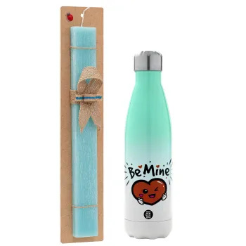 Be mine!, Easter Set, Metallic green/white thermos (Stainless steel), double-walled, 500ml & scented flat Easter candle (30cm) (TURQUOISE)
