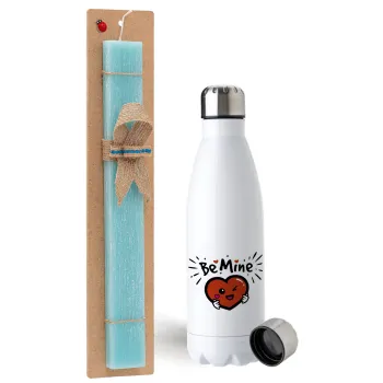 Be mine!, Easter Set, metallic stainless steel water bottle (750ml) & aromatic flat Easter candle (30cm) (TURQUOISE)
