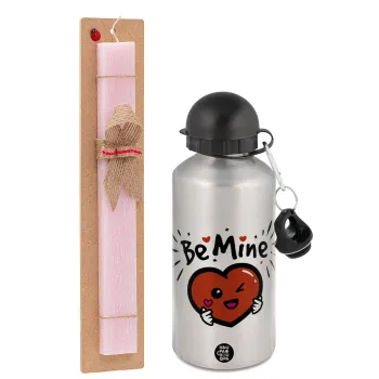 Be mine!, Easter Set, metallic Silver aluminum water bottle (500ml) & scented flat Easter candle (30cm) (PINK)