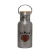 Stainless steel metallic thermos flask, silver with a bamboo lid, double-walled, 350ml.