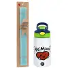 Easter Set, Children's thermal stainless steel bottle with safety straw, green/blue (350ml) & aromatic flat Easter candle (30cm) (TURQUOISE)