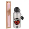 Easter Set, metallic Silver aluminum water bottle (500ml) & scented flat Easter candle (30cm) (PINK)