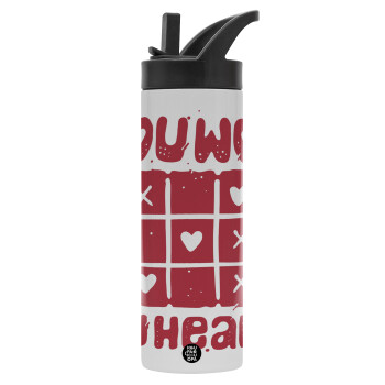 Τρίλιζα you won my heart, Metallic thermos bottle with straw & handle, stainless steel (Stainless steel 304), double-walled, 600ml.