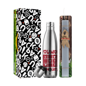 Τρίλιζα you won my heart, Easter Set, metallic stainless thermos flask (500ml) & scented flat Easter candle (30cm) (GRAY)