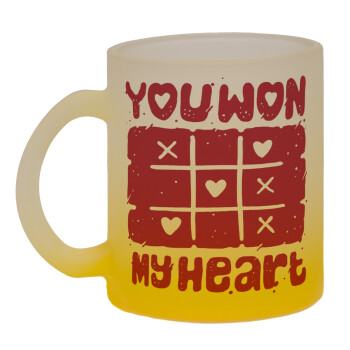 Τρίλιζα you won my heart, Κούπα γυάλινη δίχρωμη με βάση το κίτρινο ματ, 330ml