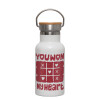 Metallic thermos (Stainless steel) White with wooden lid (bamboo), double-walled, 350ml