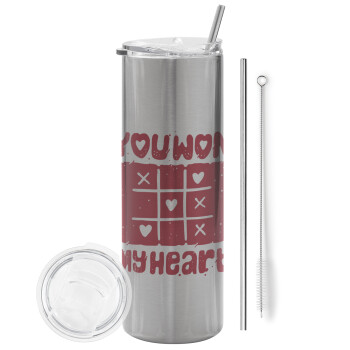Τρίλιζα you won my heart, Tumbler stainless steel Silver 600ml, with metal straw & cleaning brush
