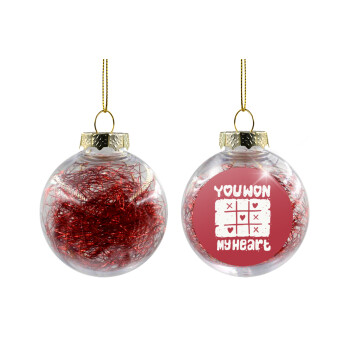 Τρίλιζα you won my heart, Transparent Christmas tree ball ornament with red filling 8cm