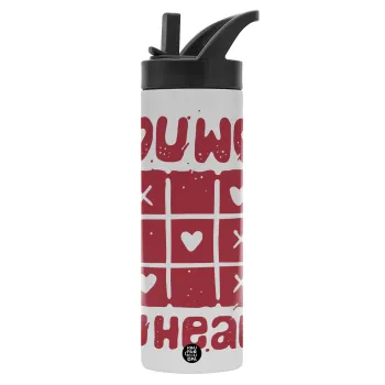 Τρίλιζα you won my heart, Metallic thermos bottle with straw & handle, stainless steel (Stainless steel 304), double-walled, 600ml.