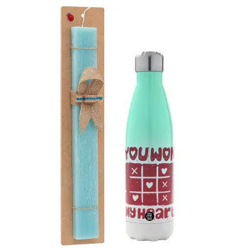 Τρίλιζα you won my heart, Easter Set, Metallic green/white thermos (Stainless steel), double-walled, 500ml & scented flat Easter candle (30cm) (TURQUOISE)