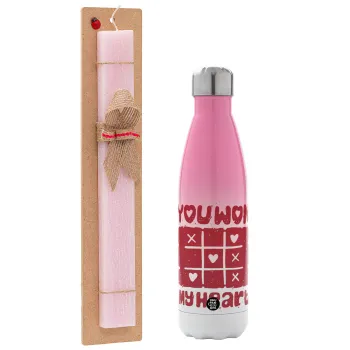 Τρίλιζα you won my heart, Easter Set, Metallic pink/white (Stainless steel) thermos, double-walled, 500ml & aromatic flat Easter candle (30cm) (PINK)