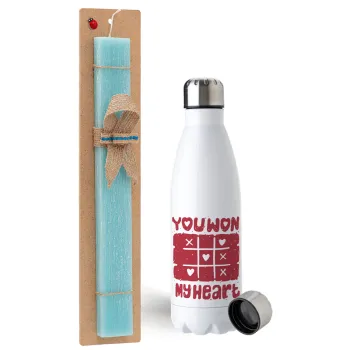 Τρίλιζα you won my heart, Easter Set, metallic stainless steel water bottle (750ml) & aromatic flat Easter candle (30cm) (TURQUOISE)
