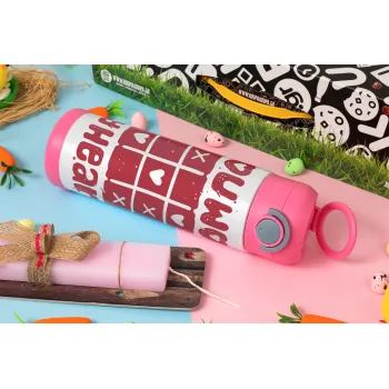 Τρίλιζα you won my heart, Easter candle, Childrens hot water bottle, stainless steel, with safety straw, PINK (500ml)