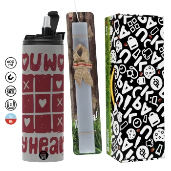 Τρίλιζα you won my heart, Πασχαλινή Λαμπάδα με Travel Tumbler θερμό (600ml, BPA free) & κερί αρωματικό πλακέ (30cm) (ΓΚΡΙ)