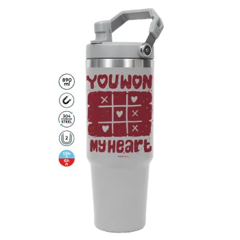 Τρίλιζα you won my heart, GREY color, 890ml (30oz) stainless Steel Tumbler with Handle