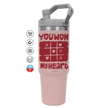 Τρίλιζα you won my heart, Pink color, 890ml (30oz) stainless Steel Tumbler with Handle