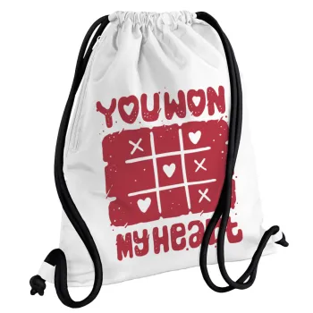 Τρίλιζα you won my heart, Backpack pouch GYMBAG white, with pocket (40x48cm) & thick cords