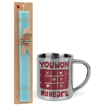 Τρίλιζα you won my heart, Easter Set, metallic thermal cup (300ml) & aromatic flat Easter candle (30cm) (TURQUOISE)