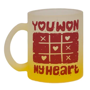 Τρίλιζα you won my heart, Κούπα γυάλινη δίχρωμη με βάση το κίτρινο ματ, 330ml