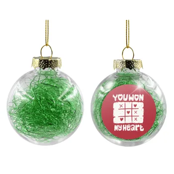 Τρίλιζα you won my heart, Transparent Christmas tree ball ornament with green filling 8cm