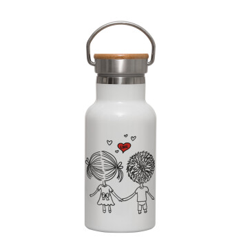 Hold my hand for ever, Μεταλλικό παγούρι θερμός (Stainless steel) Λευκό με ξύλινο καπακι (bamboo), διπλού τοιχώματος, 350ml