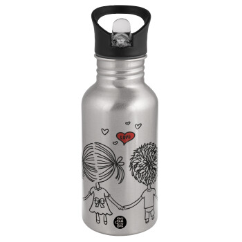 Hold my hand for ever, Water bottle Silver with straw, stainless steel 500ml
