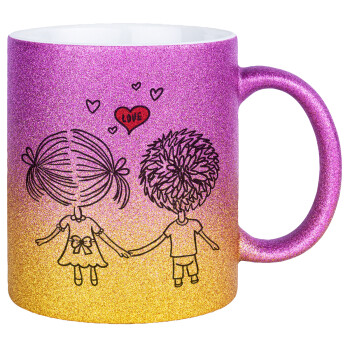Hold my hand for ever, Κούπα Χρυσή/Ροζ Glitter, κεραμική, 330ml