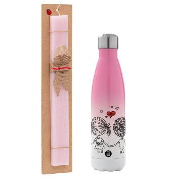 Hold my hand for ever, Easter Set, Metallic pink/white (Stainless steel) thermos, double-walled, 500ml & aromatic flat Easter candle (30cm) (PINK)