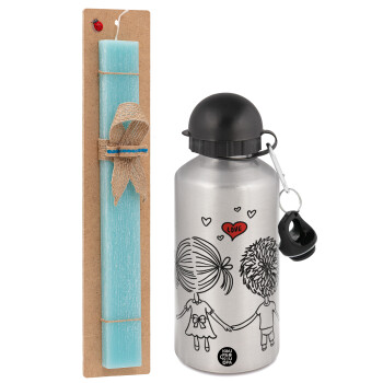 Hold my hand for ever, Easter Set, metallic silver aluminum water bottle (500ml) & scented flat Easter candle (30cm) (TURQUOISE)