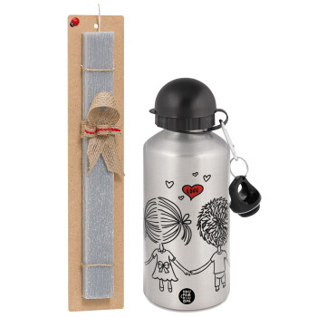 Hold my hand for ever, Easter Set, metallic silver aluminum water bottle (500ml) & aromatic flat Easter candle (30cm) (GRAY)