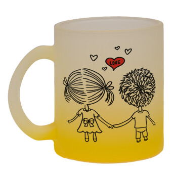 Hold my hand for ever, Κούπα γυάλινη δίχρωμη με βάση το κίτρινο ματ, 330ml