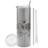 Tumbler stainless steel Silver 600ml, with metal straw & cleaning brush
