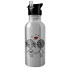 Water bottle Silver with straw, stainless steel 600ml