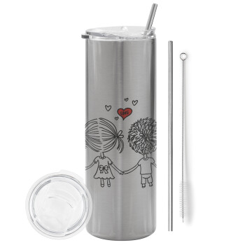 Hold my hand for ever, Eco friendly stainless steel Silver tumbler 600ml, with metal straw & cleaning brush