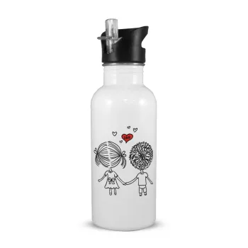 Hold my hand for ever, White water bottle with straw, stainless steel 600ml