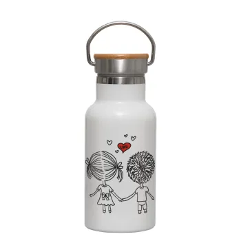 Hold my hand for ever, Metallic thermos (Stainless steel) White with wooden lid (bamboo), double-walled, 350ml
