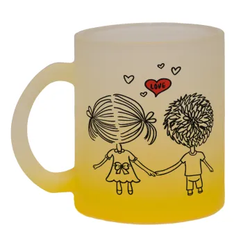 Hold my hand for ever, Κούπα γυάλινη δίχρωμη με βάση το κίτρινο ματ, 330ml