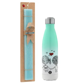 Hold my hand for ever, Easter Set, Metallic green/white thermos (Stainless steel), double-walled, 500ml & scented flat Easter candle (30cm) (TURQUOISE)