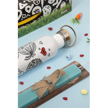 Hold my hand for ever, Πασχαλινή Λαμπάδα με παγούρι μεταλλικό Ασημένιο αλουμινίου (500ml) & κερί αρωματικό πλακέ (30cm) (ΤΙΡΚΟΥΑΖ)