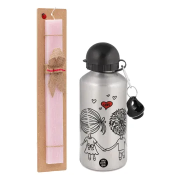 Hold my hand for ever, Easter Set, metallic Silver aluminum water bottle (500ml) & scented flat Easter candle (30cm) (PINK)