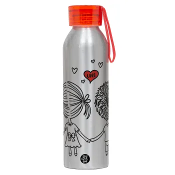 Hold my hand for ever, Αλουμινένιο Αθλητικό Μπουκάλι 650ml – Ασημί με Κόκκινο Καπάκι και Λουράκι Σιλικόνης