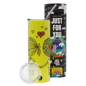Hold my hand for ever, Neon Yellow Travel Tumbler θερμό, μεταλλικό καλαμάκι(Ανωξείδωτο 304 Food grade, BPA free, 600ml)