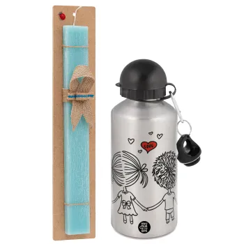 Hold my hand for ever, Easter Set, metallic silver aluminum water bottle (500ml) & scented flat Easter candle (30cm) (TURQUOISE)