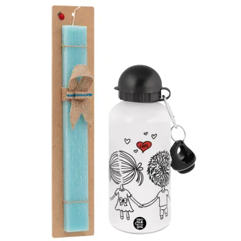 Hold my hand for ever, Πασχαλινή Λαμπάδα με παγούρι μεταλλικό αλουμινίου (500ml) & λαμπάδα αρωματική πλακέ (30cm) (ΤΙΡΚΟΥΑΖ)