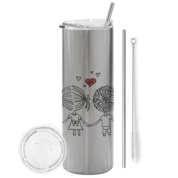 Hold my hand for ever, Tumbler stainless steel Silver 600ml, with metal straw & cleaning brush