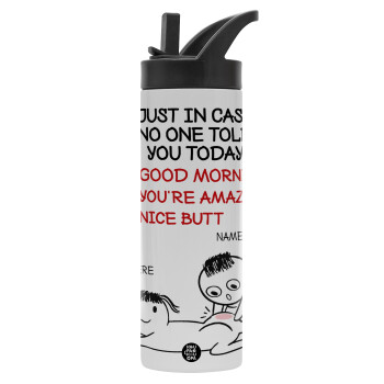 Just in case no one told you today..., Metallic thermos bottle with straw & handle, stainless steel (Stainless steel 304), double-walled, 600ml.