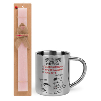 Just in case no one told you today..., Easter Set, metallic thermal cup (300ml) & aromatic flat Easter candle (30cm) (PINK)